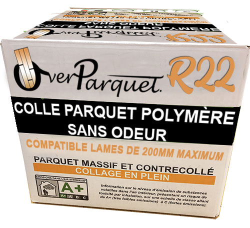 COLLE PARQUET POLYMÈRE OVERPARQUET R22  A+ (pot de 15kg) - COMPATIBLE POUR LES LAMES DE 200MM DE LARGE MAXIMUM  <br />
