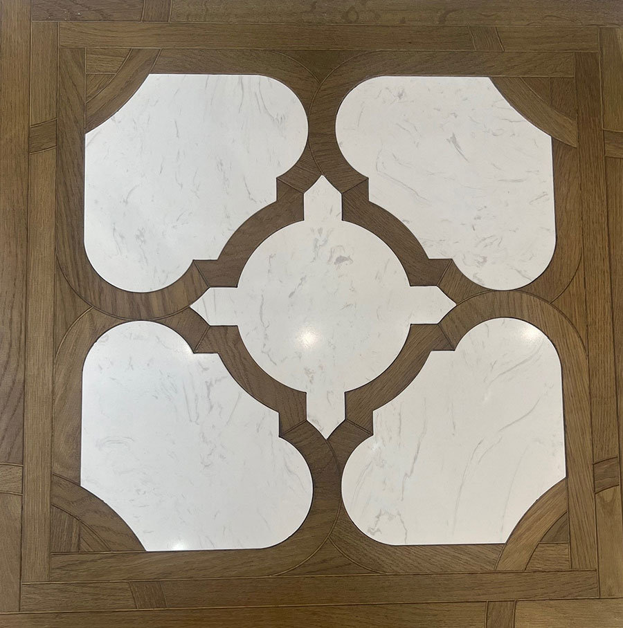 Dalles parquet versailles - Dalle marqueterie chêne  fumé incrustation marbre blanc pr bis 600x600x15mmx4mm de couche d'usure