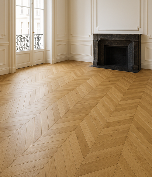 Parquet flottant chêne verni - Point de hongrie 45&deg; chene contrecolle verni brosse rustique cesar naturel 92x12x520mm go-4 - 2,5mm de couche d'usure&nbsp;- lot de 11.40m&sup2;