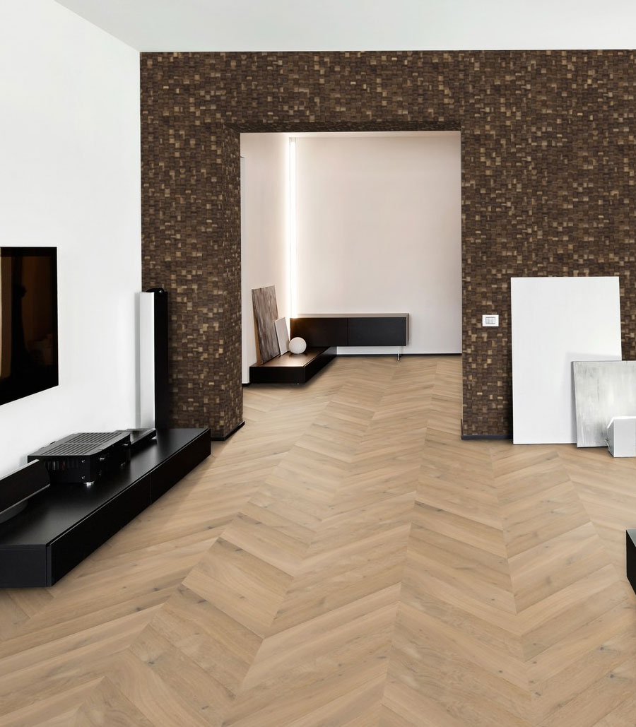 Parquet flottant chêne verni - Point de hongrie contrecolle verni brosse invisible rustique  glasgow    125x15x780mm - 4mm de couche d'usure certifi? fsc? 100 %