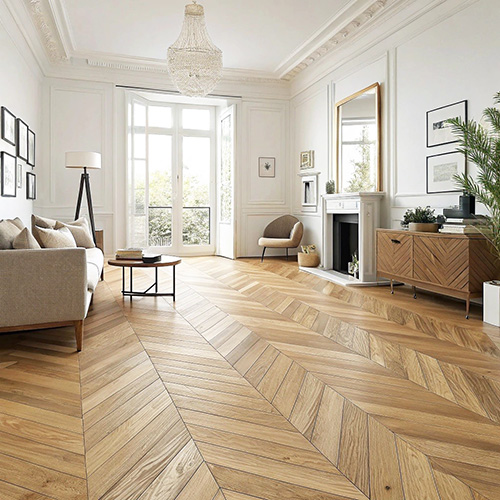 Parquet Flottant Chêne Verni - POINF39022 - Point de hongrie contrecolle verni brosse pr bis naturel champagne 85x14x490mm - 3mm de couche d'usure - certifié fsc 100 %