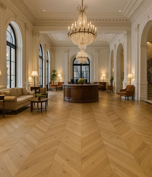 Parquet Flottant Chêne Verni - POINF39023 - Point de hongrie contrecolle verni brosse rustique heritage royal 92x15x520mm - 4mm de couche d'usure - certifi&eacute; fsc 100 % -