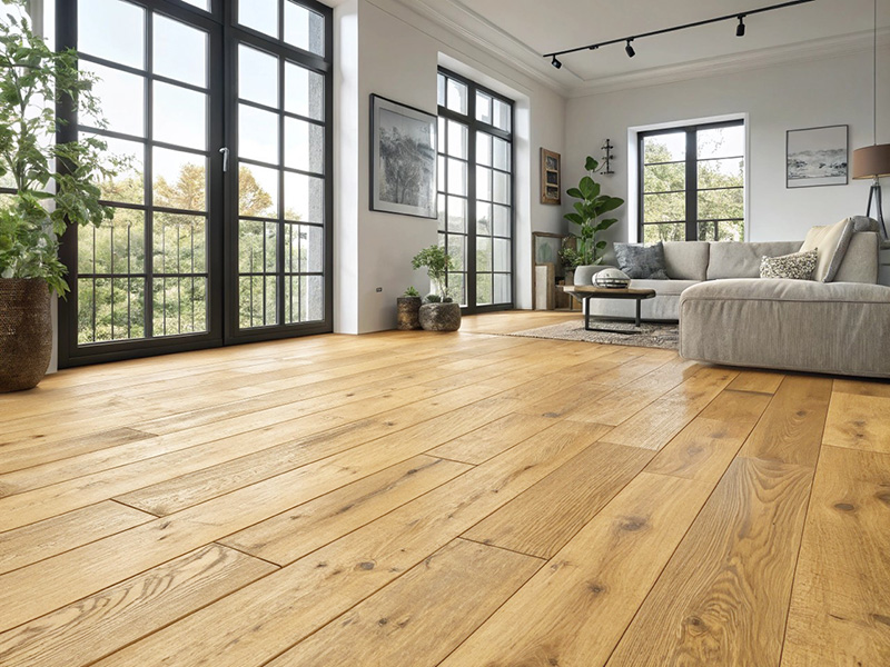 Parquet massif chêne verni - Chene massif verni brosse go4 rustique naturel terre du sud 125x15mm -certifié fsc 100%