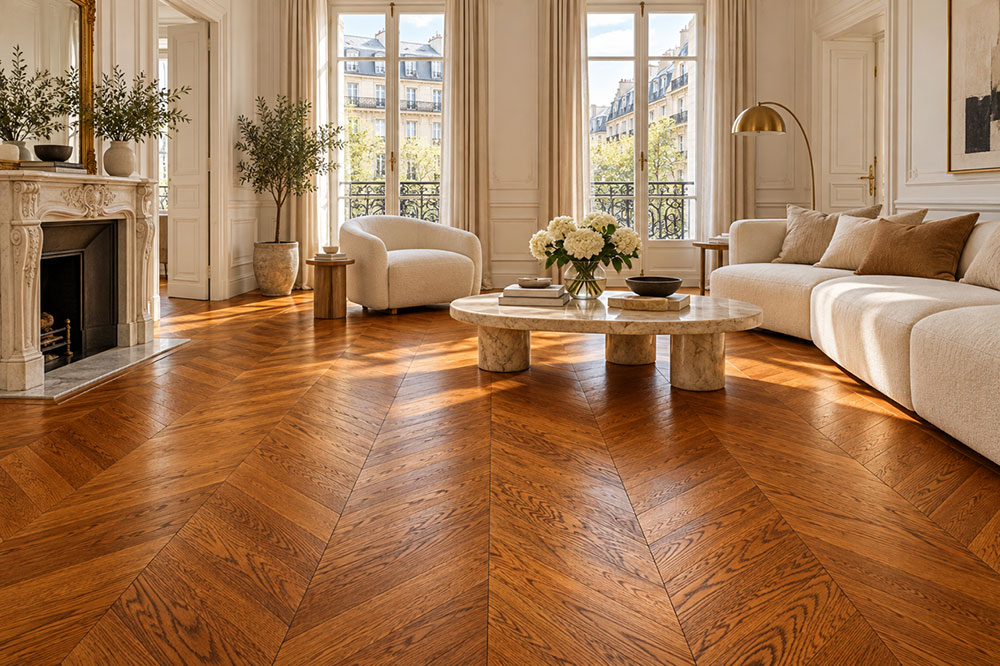 Parquet massif chêne verni - Point de hongrie contrecolle verni brosse pr bis terre de feu 92x15x520mm - 4mm de couche d'usure - certifi&eacute; fsc 100 %