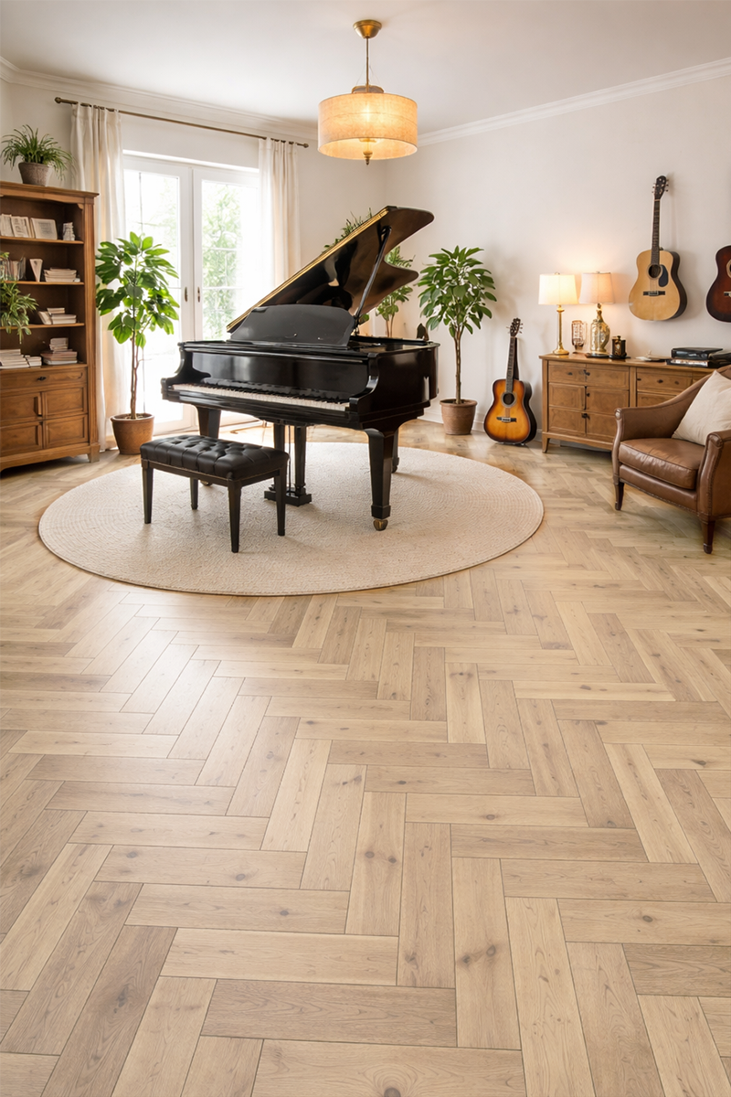 Parquet flottant chêne verni - Baton rompu ch&ecirc;ne contrecoll&eacute; rustique verni bross&eacute; notting hill invisible 90x15x600mm 4mm de couche d'usure - certifi&eacute; fsc 100 %