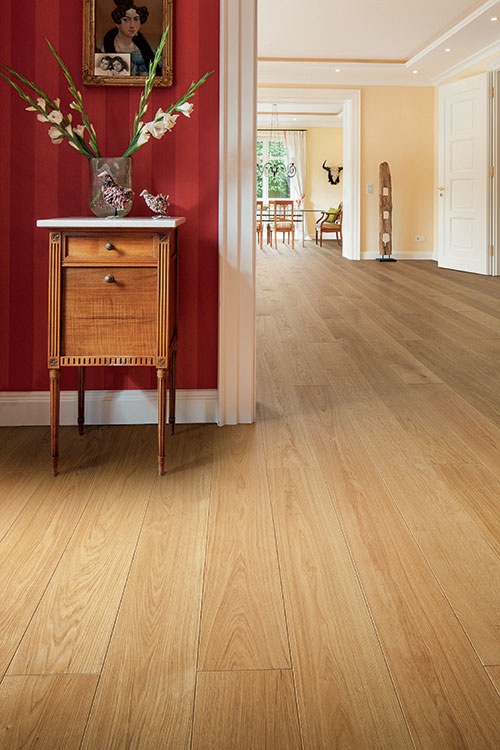 Parquet massif chêne verni - Chêne massif verni brossé surchoix naturel (sans noeuds) 160x14mm lv - certifié fsc 100 %  
