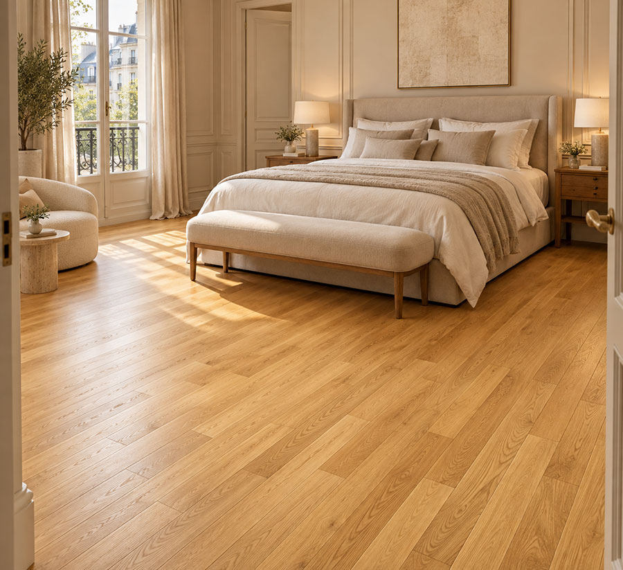 Parquet massif chêne verni - Ch&ecirc;ne massif verni bross&eacute; go4 pr bis naturel elegance provencale 90x15mm -certifi&eacute; fsc 100%
