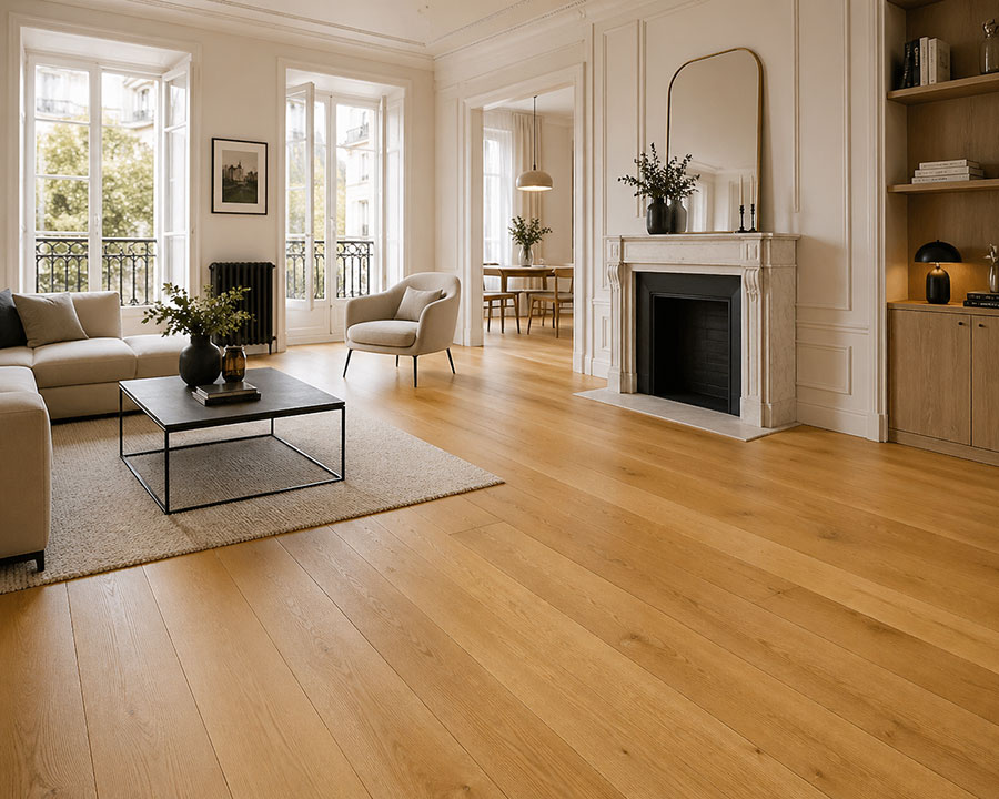 Parquet massif chêne verni - Ch&ecirc;ne massif verni bross&eacute; pique campagnard dakota 160x14x600 a 2400mm - certifi&eacute; fsc 100 %
