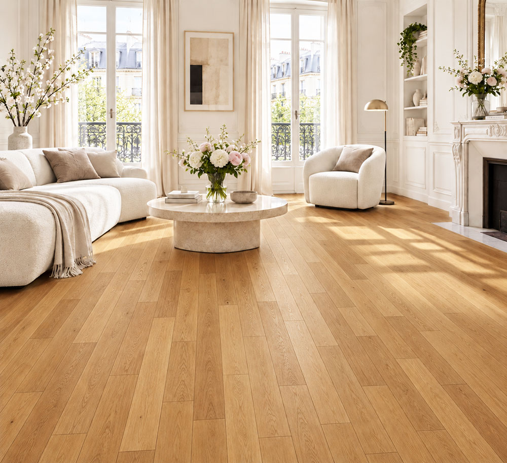 Parquet flottant chêne verni - Ch&ecirc;ne contrecoll&eacute; pr bis verni bross&eacute; adagio 120x15x400mm &agrave; 1200mm - 3mm de couche d'usure - certifi&eacute; fsc 100 %