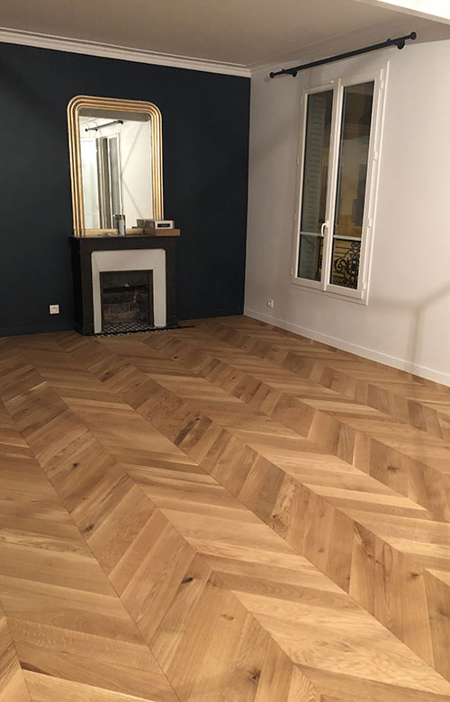 Parquet massif - POINT DE HONGRIE VERNI BROSSE RUSTIQUE BOURGEOIS 90X14X510MM - Certifié FSC 100 % - premibel-parquet.com