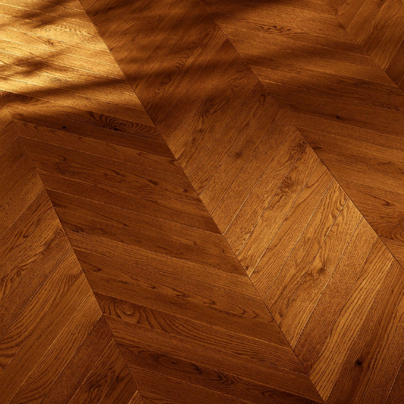Parquet flottant chêne verni - Point de hongrie contrecollé verni brossé pr bis armagnac 85x14x490mm - 3mm de couche d'usure - certifié fsc 100 %