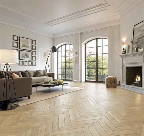 Parquet flottant chêne verni - Point de hongrie contrecollé verni brossé pr bis aspect bois brut vodka 85x14x490mm - 3mm de couche d'usure - certifié fsc 100 %