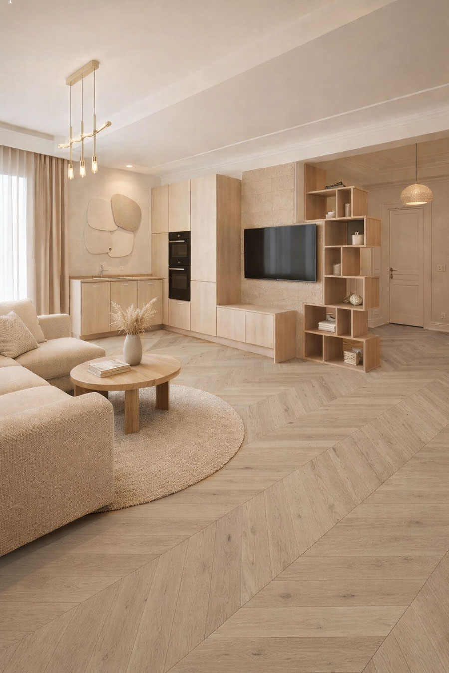 Parquet flottant chêne verni - Point de hongrie contrecoll&eacute; verni bross&eacute; rustique crown invisible 92x15x520mm -&nbsp;4mm de couche d'usure - certifi&eacute; fsc 100 %