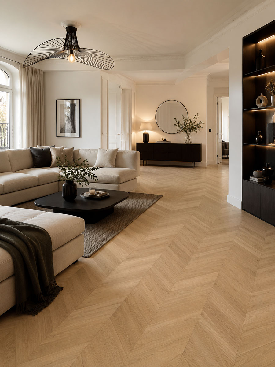 Parquet flottant chêne verni - Point de hongrie contrecoll&eacute; verni bross&eacute; pr bis palais invisible 92x15x520mm - 4mm de couche d'usure certifi&eacute; fsc 100 %