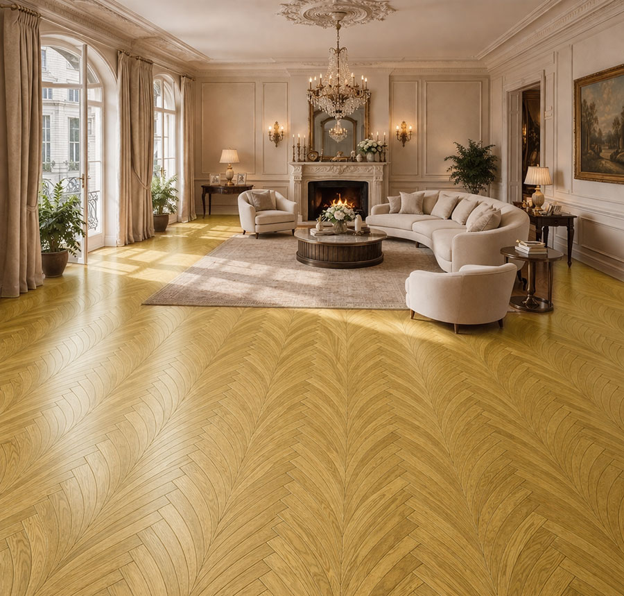 Parquet flottant chêne verni - Point de hongrie contrecoll&eacute; courb&eacute; verni bross&eacute; pr bis cathedrale eternelle 90x15x450mm - 4mm de couche d'usure compos&eacute; d'1 colis a + b - certifi&eacute; fsc 100 %