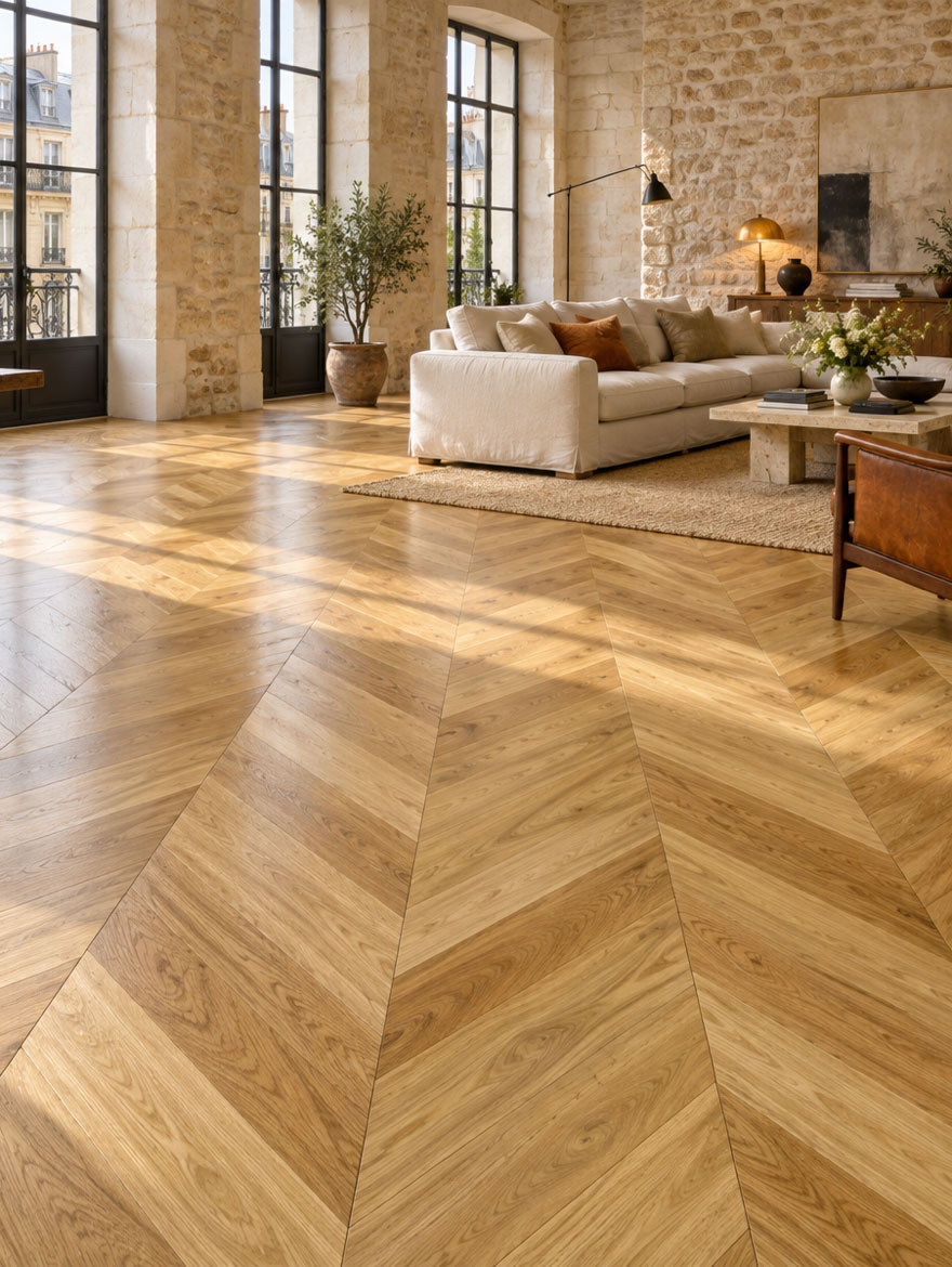 Parquet flottant chêne verni - Point de hongrie contrecoll&eacute; verni bross&eacute; pr bis naturel dynastie 92x15x520mm - 4mm de couche d'usure - certifi&eacute; fsc 100 %