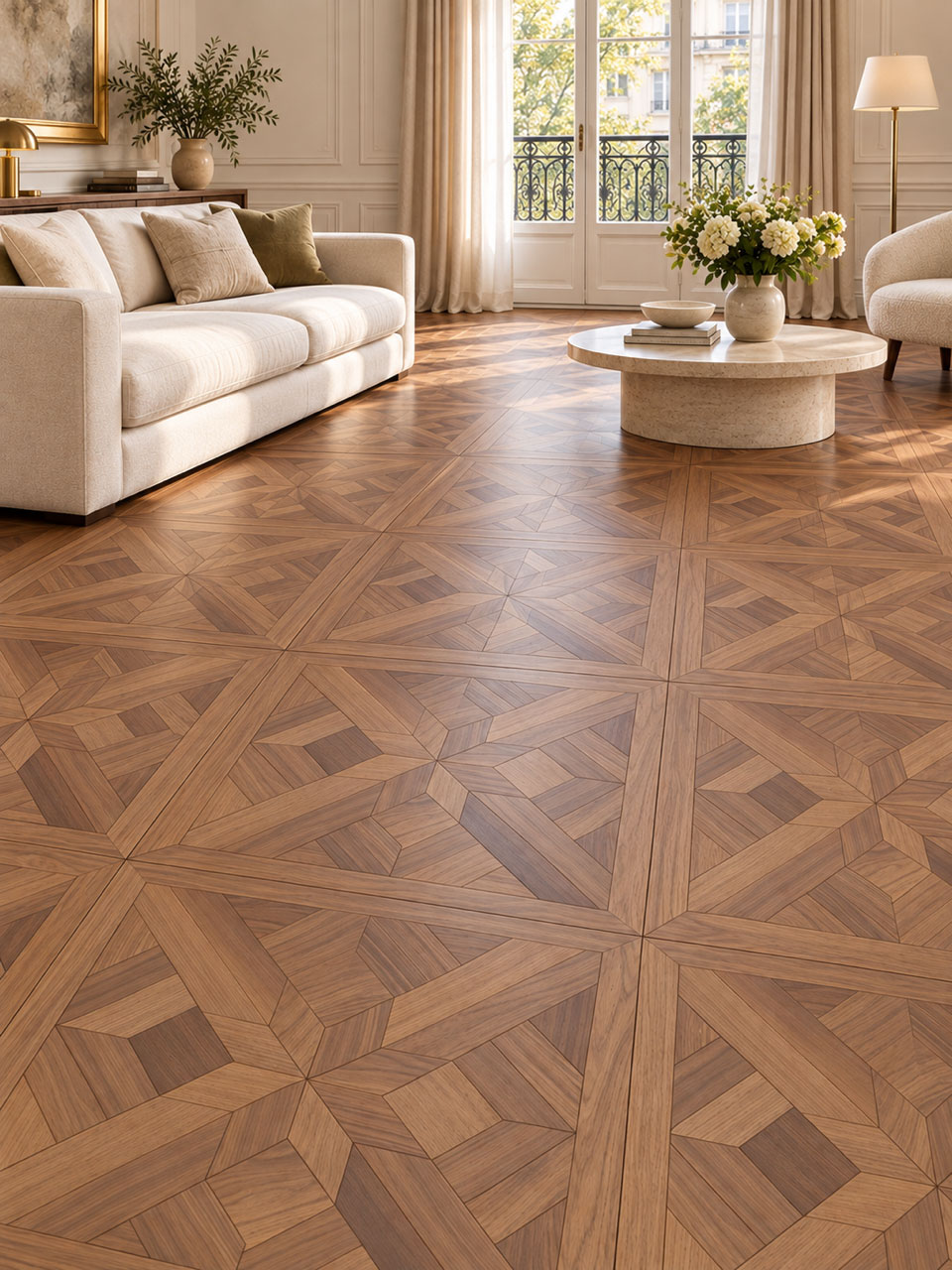 Chêne - Ch&ecirc;ne dalles versailles etoile noyer verni pr bis 800x800x15mmx4mm de couche d'usure