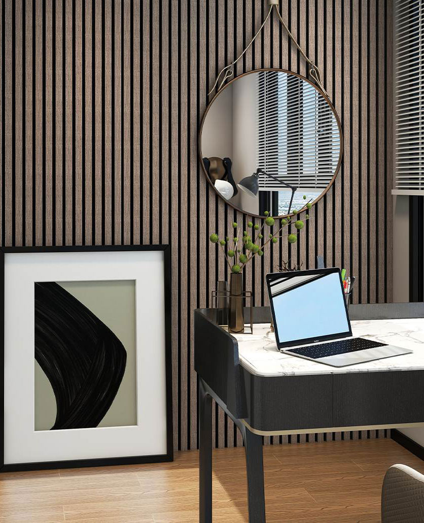 Panneaux acoustiques muraux - Panneau acoustique decoratif mural celeste en mdf pet finition walnut sur fond noir - dinachoc - 520x18x2400mm