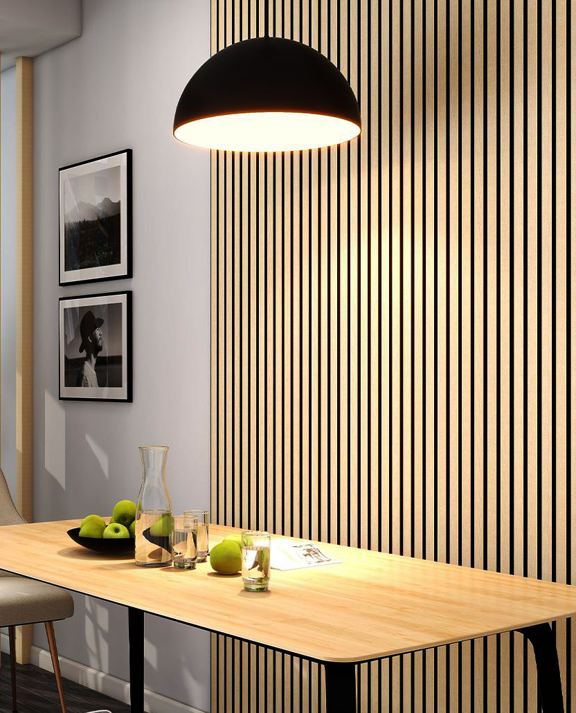 Panneaux acoustiques muraux - Panneau acoustique decoratif mural de l'aube en mdf pet finition chêne golden sur fond noir - dinachoc - 520x18x2400mm - certifié fsc mix crédit