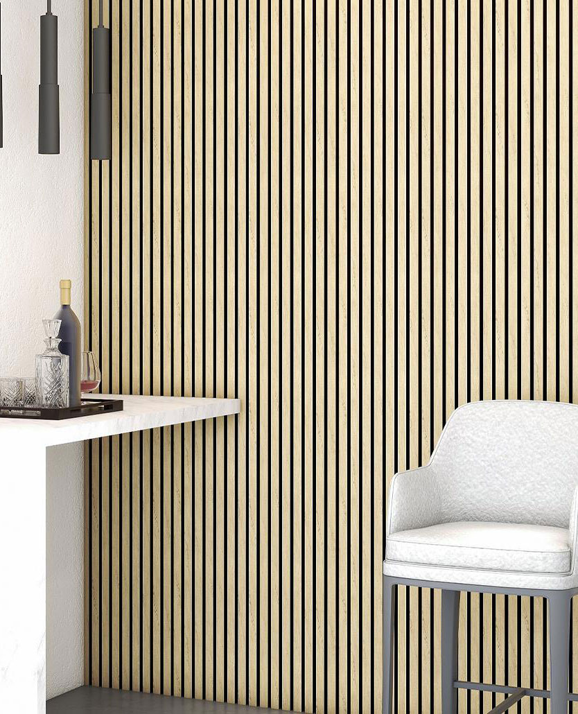 Panneaux Acoustiques Muraux - WALL46005 - Panneau acoustique decoratif mural des brises en mdf pet finition chene clair sur fond noir - dinachoc - 520x18x2400mm
