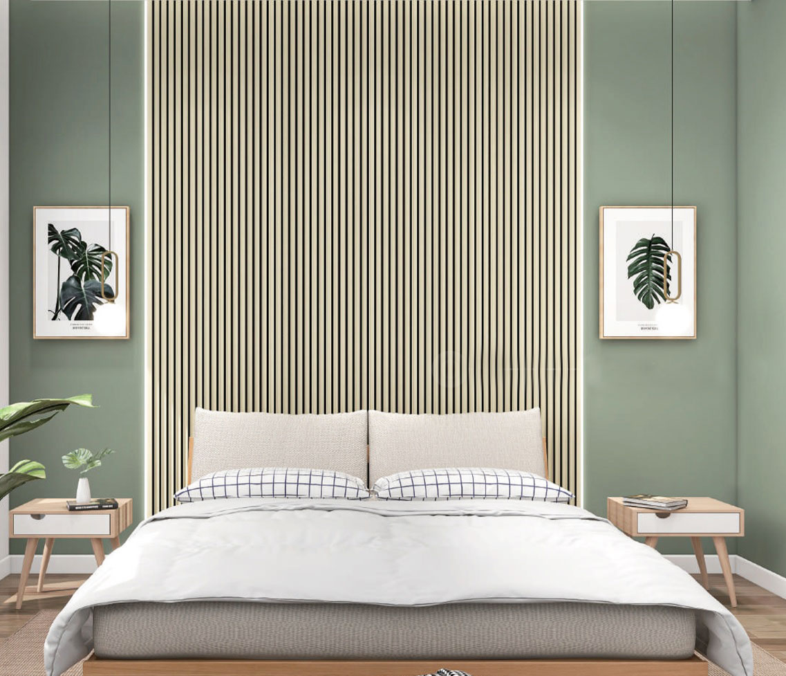 Panneau acoustique decoratif mural du silence en mdf pet finition ivoire sur fond noir - dinachoc - 520x18x2400mm